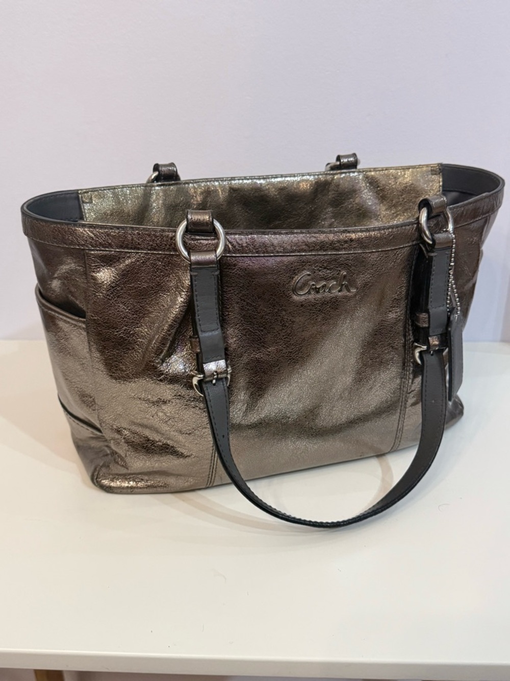Coach Gallery F17721 Metallic Silver Leather Medium East West Tote Shoulder Bag - Picture 10 of 10